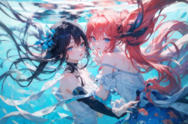 2girl, under water, detailed background, multicolored hair, colorfull
