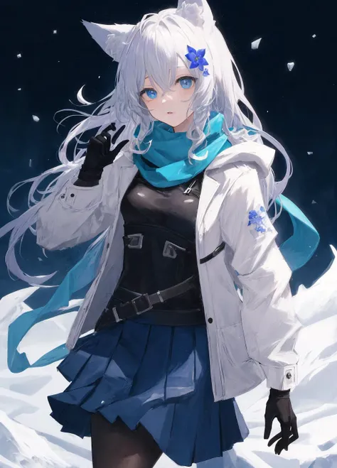 1girl, fox ears , hair between eyes, {hair blue flower} ,  {{silver long hair}} , disheveled hair , one side braid, blue eyes ,blue scarf ,winter coat , black gloves , pleated skirt , pantyhose ,medium breasts ,{mature female} ,  masterpiece, highly detailed, expressionless, solo ,Amazing,hoodie