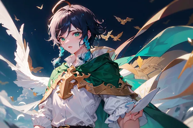 masterpiece, best quality, (1boy), solo, looking at viewer, eye focus, dk_venti,beautiful eyes, Green Cloak,(white shirt:1.2),Grassland and mountain,,Glowing hair,apathy,birds,dragon,wind,Dynamic pose,flying,floating,