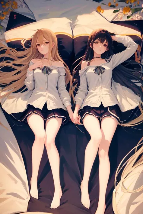 2girls, twin, yuri, highres, best quality, masterpiece, an extremely delicate and beautiful, (long legs:1.5), long hair, casual, thigh gap, (happy:0.8), soft lighting, full body, looking at viewer, Reclining