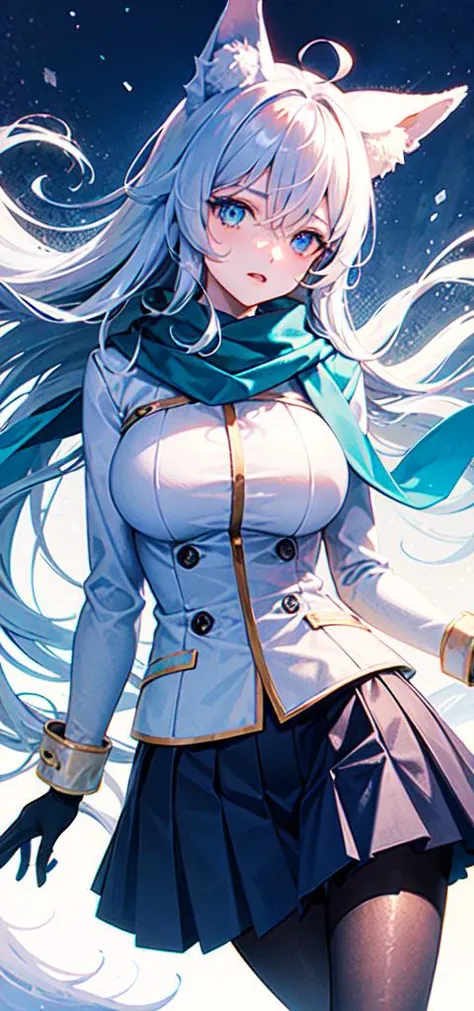 1girl, fox ears , hair between eyes, {hair blue flower} , {{silver long hair}} , disheveled hair , one side braid, blue eyes ,blue scarf ,winter coat , black gloves , pleated skirt , pantyhose ,large breasts ,{mature female} , masterpiece, highly detailed, solo ,Amazing, (dramatic angle)