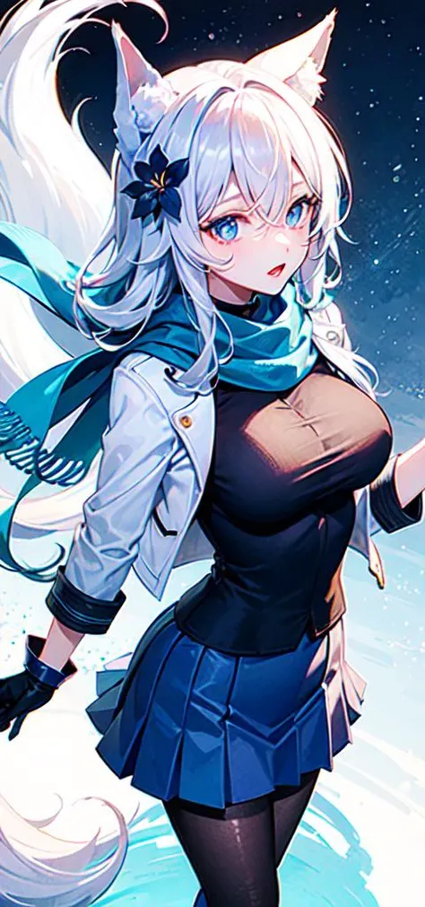 1girl, fox ears , hair between eyes, {hair blue flower} , {{silver long hair}} , disheveled hair , one side braid, blue eyes ,blue scarf ,winter coat , black gloves , pleated skirt , pantyhose ,large breasts ,{mature female} , masterpiece, highly detailed, solo ,Amazing, (dramatic angle)