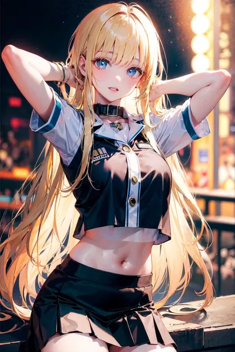 masterpiece, blonde hair, long hair, nightclub, <lora:thaiUniversity_v10:0.9>, thai university uniform, midriff, black skirt, pleated skirt, collar, nsfw