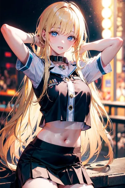 masterpiece, blonde hair, long hair, nightclub, <lora:thaiUniversity_v10:0.9>, thai university uniform, midriff, black skirt, pleated skirt, collar, nsfw