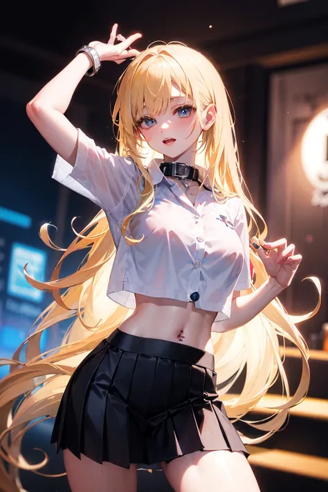 masterpiece, blonde hair, long hair, nightclub, <lora:thaiUniversity_v10:0.9>, thai university uniform, midriff, black skirt, pleated skirt, tattoo, collar, nsfw