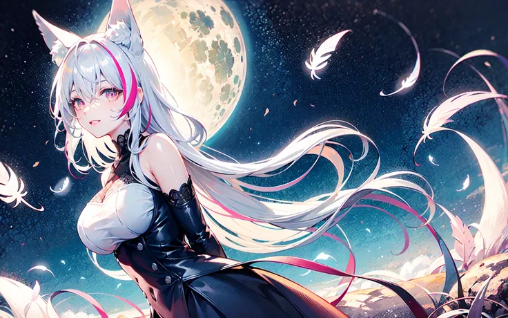 detailed landscape, night, detailed starry sky, masterpiece, highly detailed, dynamic angle, 1girl, bare shoulder, arms behind back, feather hair decoration, lace white dress, black elbow gloves, solo, fox ears, hair between eyes, light smile, blue streaked hair, silver long hair, disheveled hair, pink eyes, large breasts
