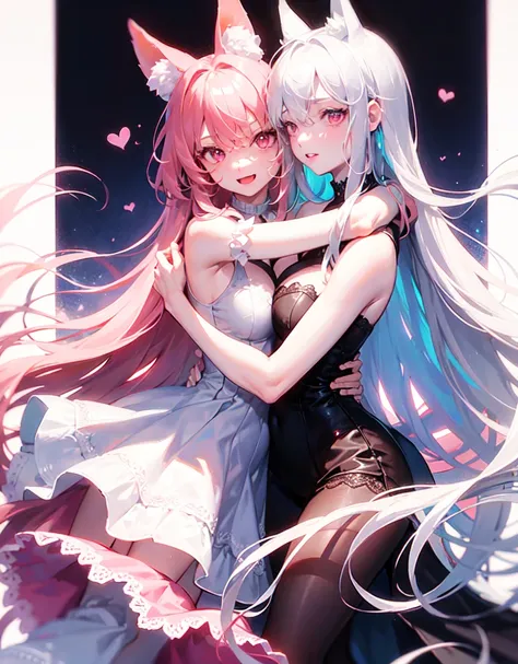 good anatomy, 2 girls, hugs, light smile, fox_ears, noble, lace dress, jewel, pink eyes, hair between eyes, streaked hair, silver long hair, large breasts