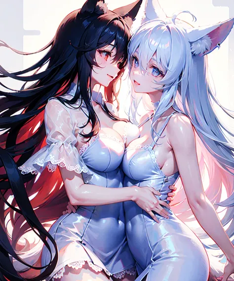 good anatomy, 2 girls, mature female, hugs, yuri, light smile, fox ears, lace dress, hair between eyes, streaked hair, long hair, large breasts