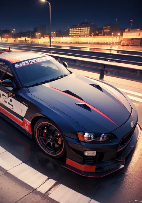 {top quality}, 1car, SKYLINE GT-R R34, racing, on highway, at midnight,