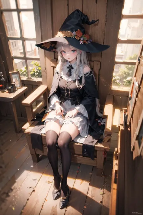 (witch:1.1), indoors, wooden hut, (magical:1.1)