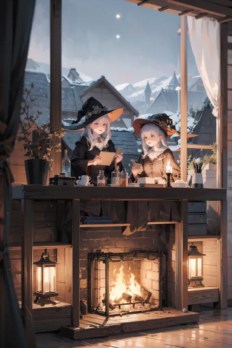 (witch:1.1), indoors, wooden hut, (magical:1.1), night, fireplace