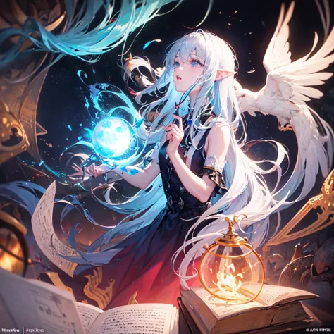 death,blood,night, dark, (Fantasy),Infinite,deep blue sky,The abyss of knowledge,knowledge,((masterpiece)), (((best quality))),((beautiful detailed eyes)),(eyelash),Monster,(1 girl),blue hair,long hair,abyss eyes,Shiny skin,oil,small breast,(bird body,feather),Wearing Rags of cloth, Tzeentch,elf,extremely detailed CG unity 8k wallpaper,masterpiece, ((ultra-detailed)), ((illustration)),colorful,wallpaper,energy,Unknown terror,arcane,Around the magic,magic surrounds,magic rod,book,pages flying all over the sky,Know it all,Predicting the Future,Know the past,Infinite wisdom,blue flame,Warlock,Magical Circle,Pentagram,incantation,mantra,Singing magic,