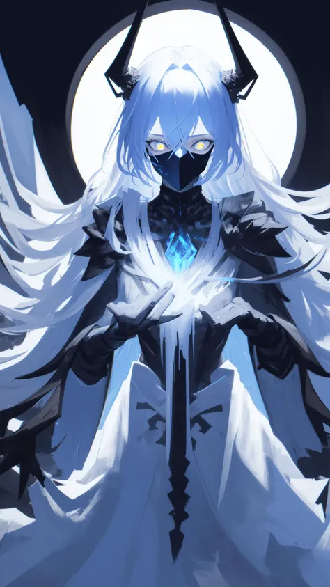 a skeletonized man with bits of flesh hanging off his bones, his skull is covered in icicles and frost, intricate carving, wearing a face mask, glowing eye sockets, wearing a frozen blue crown, masterpiece, best quality, intricate detail, absurdres, chromatic aberration, depth of field, soft lighting, tone mapped, highly detailed, artstation, concept art, smooth, sharp focus, dramatic lighting, highly detailed artwork, cinematic, trending on Artstation, 8K, incredible shadows, (highly detailed background:1.0)
