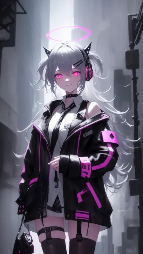 A highly detailed portrait of a solo 1girl standing on a street corner, during a rainstorm with lightning strikes and a cloudy sky, neon and cyberpunk background, she is wearing punk clothes with silver chains and silver spikes, she has a butterfly wing hairclip in her wild hair, she has headphones and a necktie on, petite, detailed glowing red eyes with distinct pupils, ominous aura Halo, smile, punk, cyberpunk, backlighting, masterpiece, best quality, intricate detail, absurdres, chromatic aberration, depth of field, soft lighting, tone mapped, highly detailed, artstation, concept art, smooth, sharp focus, dramatic lighting, highly detailed artwork, cinematic, trending on Artstation, 8K, incredible shadows, (highly detailed background:1.0)