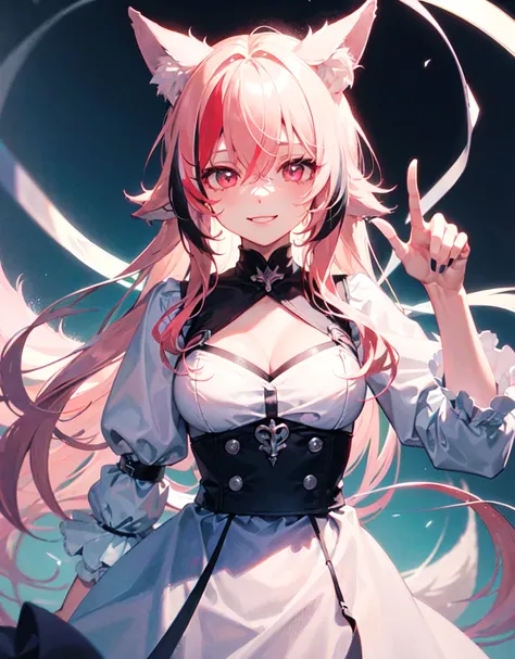 dynamic angle, upper body, 1girl, smile, wolf ears, wolf tail, pink eyes, hair between eyes, streaked hair, long hair, noble, frilled dress, jewel