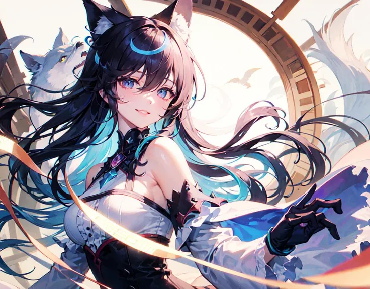 dynamic angle, illustration, upper body, 1girl, smile, detailed eyes, hair between eyes, streaked hair, long hair, noble, frilled dress, jewel, wolf ears, wolf tail