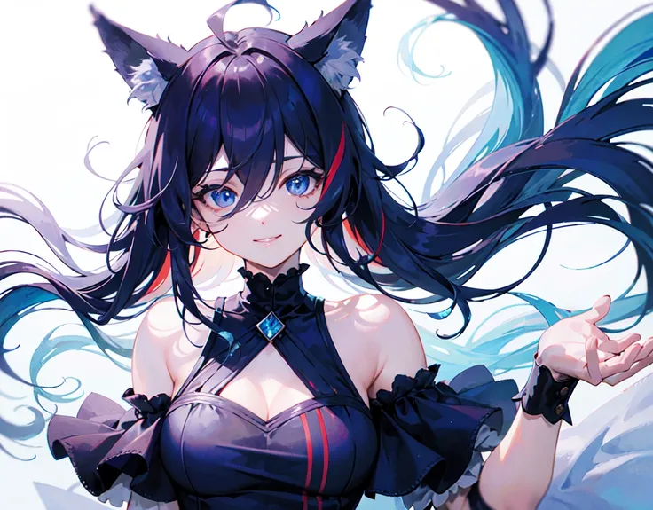 dynamic angle, illustration, upper body, 1girl, smile, detailed eyes, hair between eyes, streaked hair, long hair, noble, frilled dress, jewel, wolf ears, wolf tail