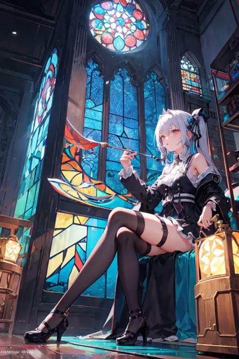 (Hookah:1.2),holding smoking pipe, smoke,flask,girl,a long flexible rubber tube with a smoking pipe,waterpipe smoking,shisha,lethargy,staring into the distance,stained glass,zettai ryouiki, night,