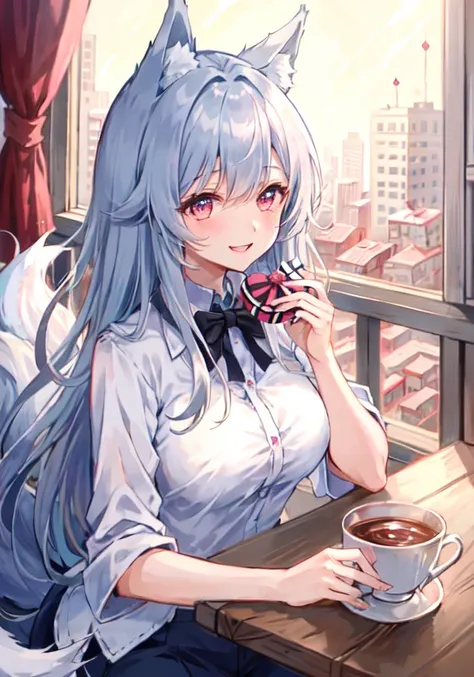 masterpiece, best quality, ultra detailed, illustration, 1girl, mature female, valentines day, confession, silver hair, long hair, messy hair, valentine, valentines day, wolf girl, wolf ears, wolf tail, pink eyes, smile