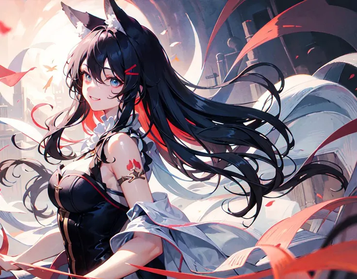 dynamic angle, illustration, upper body, 1girl, smile, detailed eyes, hair between eyes, streaked hair, long hair, noble, frilled dress, jewel, wolf ears, wolf tail