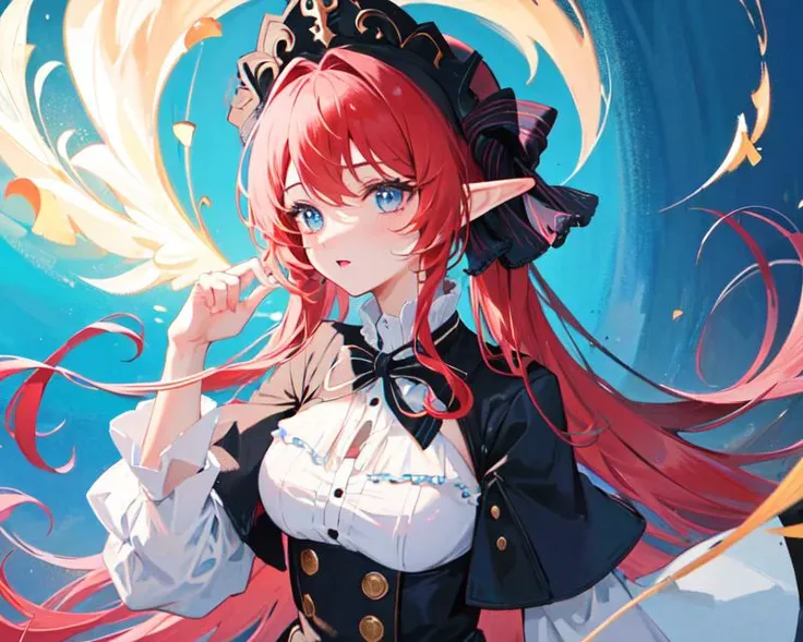 1girl, looking at viewers ,red hair ,blue eyes, beautiful detailed eyes, long twin tails,wizard hat,wearing rags of cloth,singing magic, arcane, magic surrounding,knowledge,abyss eyes,deep blue sky, death,medium breast,((masterpiece)), (((best quality))),((beautiful detailed eyes)),(eyelash),elf,extremely detailed CG unity 8k wallpaper,masterpiece, ((ultra-detailed)), ((illustration)),colorful,wallpaper