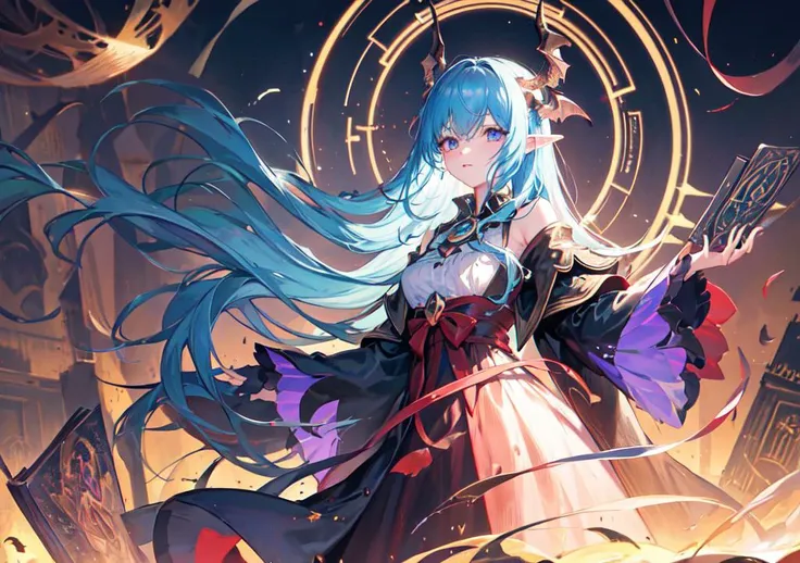 death,blood,night, dark, (Fantasy),Infinite,deep blue sky,The abyss of knowledge,knowledge,((masterpiece)), (((best quality))),((beautiful detailed eyes)),(eyelash),Monster,(1 girl),blue hair,long hair,abyss eyes,Shiny skin,oil,small breast,(bird body,feather),Wearing Rags of cloth, Tzeentch,elf,extremely detailed CG unity 8k wallpaper,masterpiece, ((ultra-detailed)), ((illustration)),colorful,wallpaper,energy,Unknown terror,arcane,Around the magic,magic surrounds,magic rod,book,pages flying all over the sky,Know it all,Predicting the Future,Know the past,Infinite wisdom,blue flame,Warlock,Magical Circle,Pentagram,incantation,mantra,Singing magic,solo,1 girl