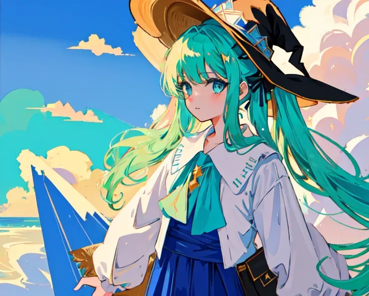 1girl, <lora:LORAFlatColor_flatColor:0.6>, looking at viewers ,green hair ,blue eyes, beautiful detailed eyes, long twin tails, witch ,wizard hat,wearing rag of cloth,singing magic, arcane, magic surrounding,knowledge,abyss eyes,deep blue sky, death