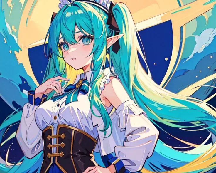 1girl, <lora:LORAFlatColor_flatColor:0.6>, looking at viewers ,green hair ,blue eyes, beautiful detailed eyes, long twin tails,wizard hat,wearing rags of cloth,singing magic, arcane, magic surrounding,knowledge,abyss eyes,deep blue sky, death,medium breast,((masterpiece)), (((best quality))),((beautiful detailed eyes)),(eyelash),elf,extremely detailed CG unity 8k wallpaper,masterpiece, ((ultra-detailed)), ((illustration)),colorful,wallpaper