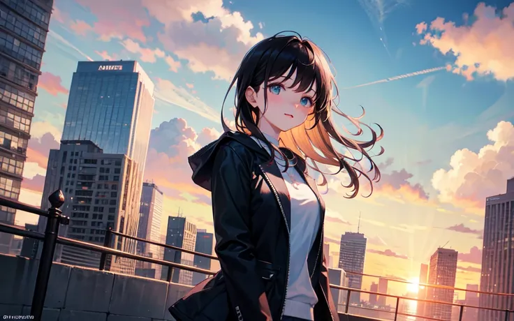 masterpiece, best quality,8k,1girl, beautiful detailed light,beautiful detailed shadow,((beautiful detailed cloud)),road,skyscraper,dynamic angle,sun set