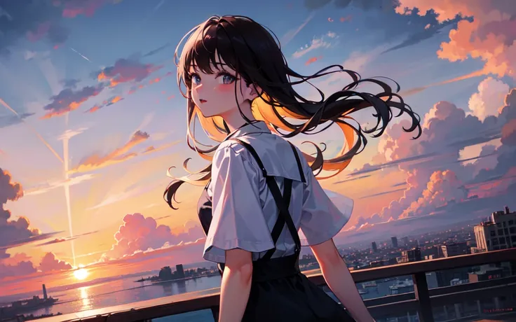 masterpiece, best quality,8k,1girl, beautiful detailed light,beautiful detailed shadow,((beautiful detailed cloud)),road,skyscraper,dynamic angle,sun set