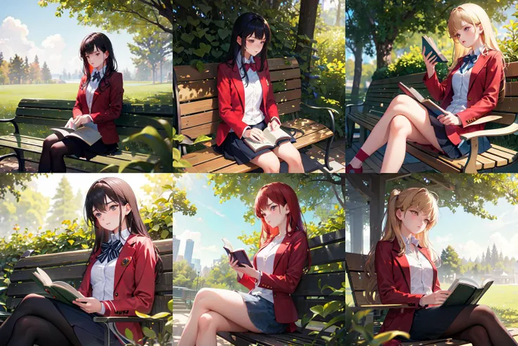 A teenage girl wearing a red blazer sitting on a bench reading a book, relaxed, casual, natural lighting, outdoors, vibrant, extremely detailed cg unity 8k wallpaper, cinematic detailed realistic background