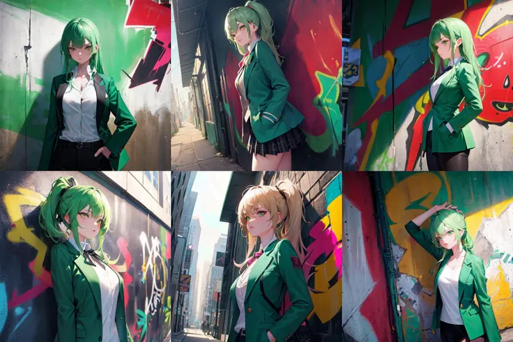 A girl in a green blazer standing in front of a graffiti-covered wall, edgy, rebellious, street fashion, low angle, gritty, extremely detailed cg unity 8k wallpaper, cinematic detailed realistic background