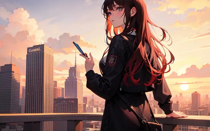 masterpiece, best quality,8k,1girl, beautiful detailed light,beautiful detailed shadow,((beautiful detailed cloud)),road,skyscraper,dynamic angle,sun set