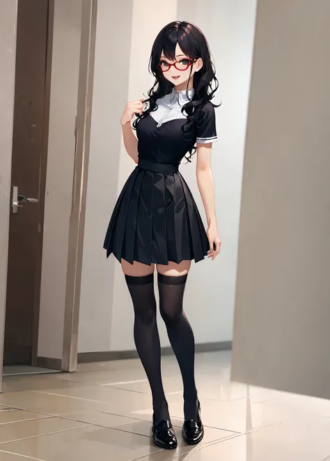 full body photo of a beautiful petite woman wearing round glasses, solo, sexy, extremely short tennis pleated skirt, very high black stockings, (((cheerful))), long black wavy hair