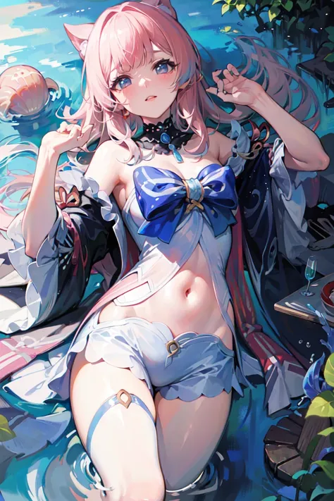 8k, ((masterpiece, best quality)), ray tracing, depth of field, sangonomiya kokomi, seashell, lying, pink hair, pond, <lora:sangonomiyaKokomi_v10:0.6>