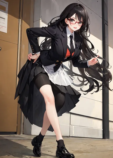 full body photo of a beautiful petite woman wearing round glasses, solo, sexy, extremely short tennis pleated skirt, very high black stockings, (((cheerful))), long black wavy hair