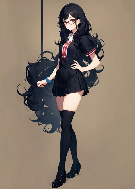 full body photo of a beautiful petite woman wearing round glasses, solo, sexy, extremely short tennis pleated skirt, very high black stockings, (((cheerful))), long black wavy hair