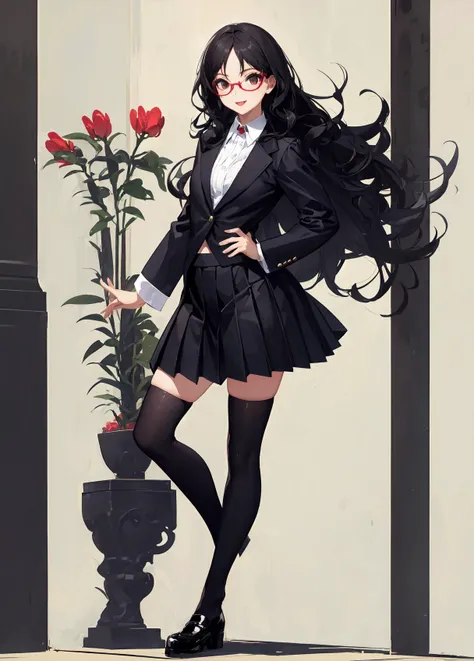 full body photo of a beautiful petite woman wearing round glasses, solo, sexy, extremely short tennis pleated skirt, very high black stockings, (((cheerful))), long black wavy hair