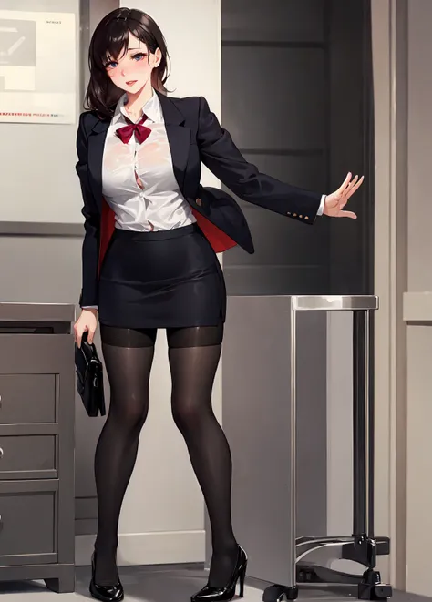 full body photo of a beautiful sexy secretary wearing extremely short skirt and seamed stockings, standing exactly, ((solo)), adult, in the office, high heels, craves sex, sweaty