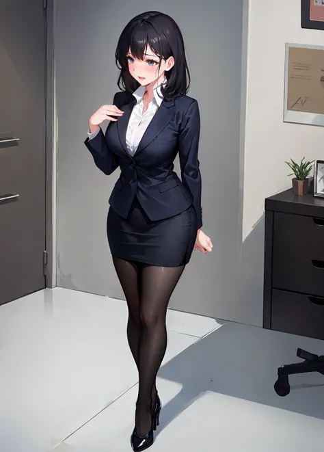 full body photo of a beautiful sexy secretary wearing extremely short skirt and seamed stockings, standing exactly, ((solo)), adult, in the office, high heels, craves sex, sweaty