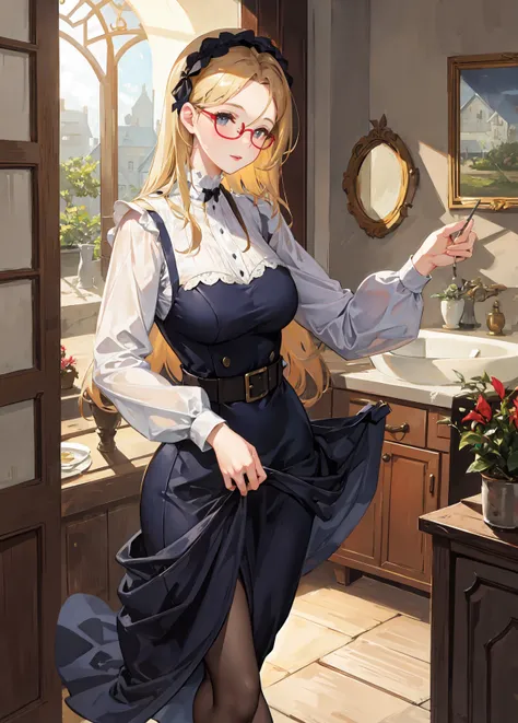 full body photo of a beautiful petitte sexy woman wearing round glasses, village, country house, indoor, playful, lustful