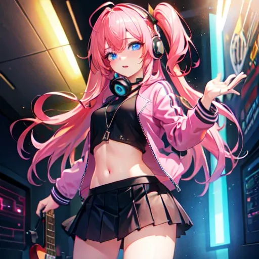 1girl, masterpiece, colorful, hyper detail, intricate details, best quality, (extremely detailed CG unity 8k wallpaper, masterpiece, best quality, ultra-detailed, best shadow), (detailed background:1.4), (beautiful detailed face, beautiful detailed eyes), High contrast, (best illumination, an extremely delicate and beautiful), (girl:1.5), blue eyes, pink hair, long hair, headphones, black skirt, pink jacket, full body, 1girl, masterpiece, ((cinematic light)), colorful, hyper detail, dramatic light, intricate details, best quality, (extremely detailed CG unity 8k wallpaper, masterpiece, best quality, ultra-detailed, best shadow), (detailed background:1.4), (beautiful detailed face, beautiful detailed eyes), High contrast, (best illumination, an extremely delicate and beautiful),(girl:1.5), solo, black skirt, ,pink jacket, blue eyes, electric guitar, guitar, headphones, holding, holding plectrum, instrument, long hair, music, one side up, pink hair, playing guitar, pleated skirt, black shirt, indoors ((caustic)), dynamic angle, beautiful detailed glow, full body, cowboy shot