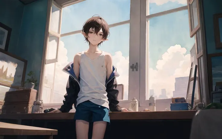 ((masterpiece)),closed-up,the highest quality, exquisite painting style, watercolor, blue sky, sweaters, window sills, Illustration, (twilight), (cute boy), Pointy ears, blue, very short saddlebrown hair, fine eyes, boy, Lovely boy,Flat chest,(17 years old),(myli:0.6),thin,thigh,(solo),,(skinny), short boxer briefs,, masterpiece, best quality,, masterpiece, best quality,