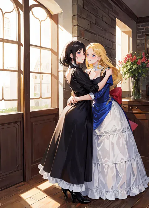 full body photo of two beautiful petitte sexy women, the women hugging, village, country house, indoor, playful, lustful, adult, friendly