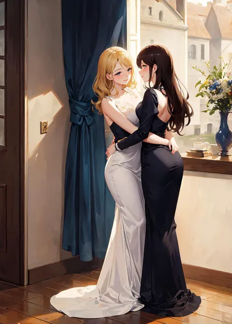 full body photo of two beautiful petitte sexy women, the women hugging, village, country house, indoor, playful, lustful, adult, friendly
