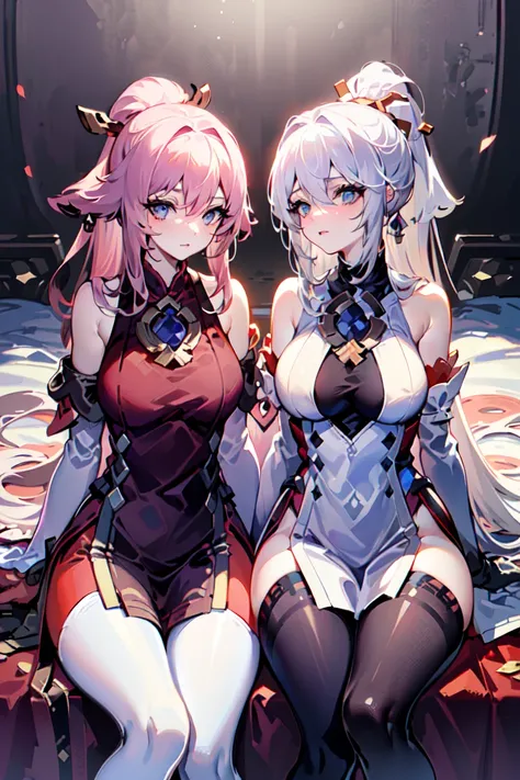 (((2 girls))),ray tracing, (dim light), [realistic] ((detailedbackground(bedroom))),(((silver hair)), (((A long disheveled silver-haired, busty yet slender girls with a high ponytail))) are in the ominous bedroom, averting their blonde eyes, ((and the girls wear intricate embroidered blackhighslitcheongsams with pantyhose and whitefurtrimelbowgloves)), as the girls sitting in quite intimate contact each other to show off their delicate svelte figures and lissome curvaceous beauties,correct limbs