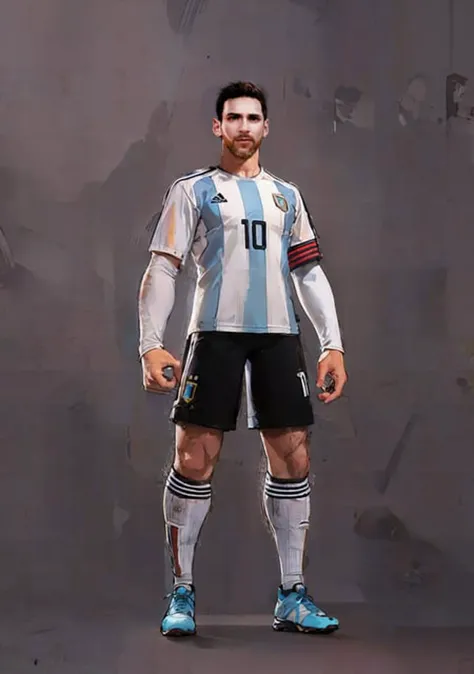 1boy, (masterpiece:1.2, best quality), (ultra-detailed), (illustration), (ultra highres), (delicate illustration), (hyper detailed),brown hair, looking_at_viewer,short hair, beard,Argentina National Team,Soccer shoes,Ice sleeve,Locker Room,NO.10 on shirt,big nose,Broad nasal alar,Long chin,((small eyes))