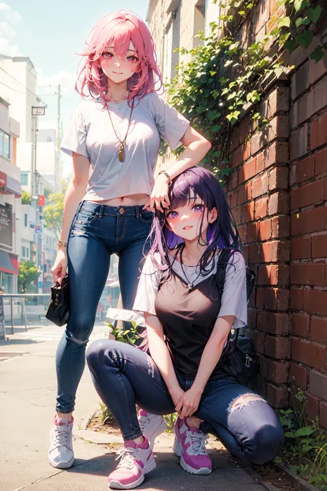 masterpiece, best quality, photorealistic, outdoors, beautiful lighting, cinematic lighting, wall, simple background, cafe, street, day, sunlight, in public, crowds
AND yae miko, pink hair, pink eyes, teasing, smug, smirk, head tilted, knee up, looking at viewer, glossy skin, pose, contrapposto, medium breasts, jeans, pants, long pants, denim, navel, midriff, nose blush, necklace, (sneakers:1.2)
AND raiden shogun, purple hair, purple eyes, serious, blush, looking at viewer, single braid, shirt, long hair, crossed legs, glossy skin, pose, squatting, medium breasts, jeans, pants, long pants, denim, smile, necklace,(sneakers:1.2),