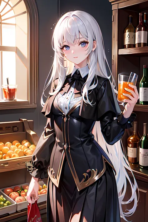((extremely detailed CG unity 8k, masterpiece, best quality, ultra-detailed)), 4k, 8k, (high quality:1.1), masterpiece, best quality, high quality, extremely detailed, extremely detailed background, highres, highly detailed, detailed face, HDR, vivid colors, natural lighting, pretty eyes, detailed eyes, colorful eyes, beautiful face, Original Characters, Natural Volumetric Lighting And Best Shadows, Deep Depth Of Field, reflection, beautiful, detailed clothes, shiny skin, dark hair girl, shopping, long hair, supermarket, black suit, skirt, shelves, food and drinks