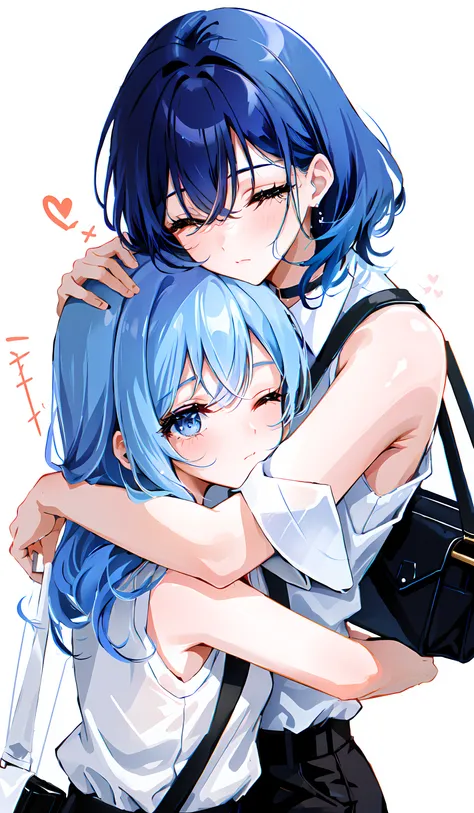 (((grown woman))), 2girl, (((look at each other:1.5, close eyes))), laughing, (((hugging:1.5))), (((holding a single women's bag))), solo, choker, earrings, (((white office shirt))), (((blue hair:1.3))), ribbon, white shirt, (((sleeveless))), collared shirt, (((black pants))), upper body, hair between eyes, sleeveless shirt, medium hair, bare shoulders, (((looking at left))), (background trade center), eyelashes